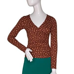 Ragdoll Top Long Sleeve Multicolor Floral Print Brown V-Neck Faux Wrap Size XS